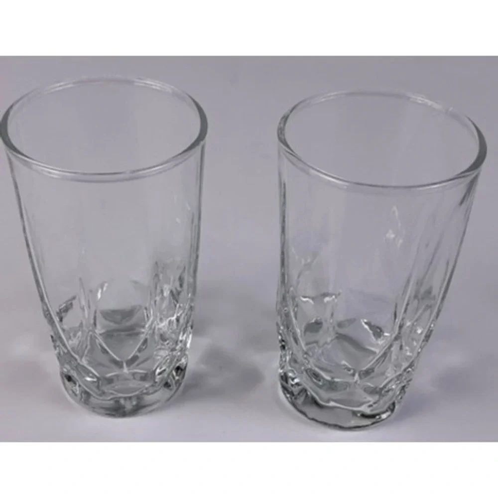 Set of 2 Clear‎ Faceted Highball Tumblers Heavy Base Pressed Glass